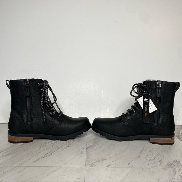 New! Sorel Emelie Black Leather Short Lace Up Boot 8 - Picture 5 of 15